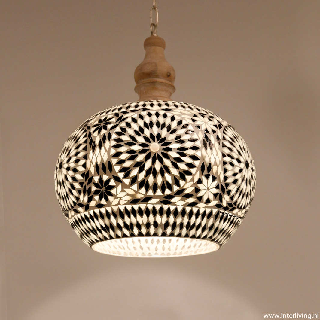 Grote hanglamp model appel van glasmozaïek met duurzaam hout retro