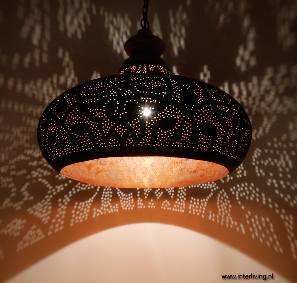 Industriële hanglamp met oosterse twist en hout roest,zwart,goud