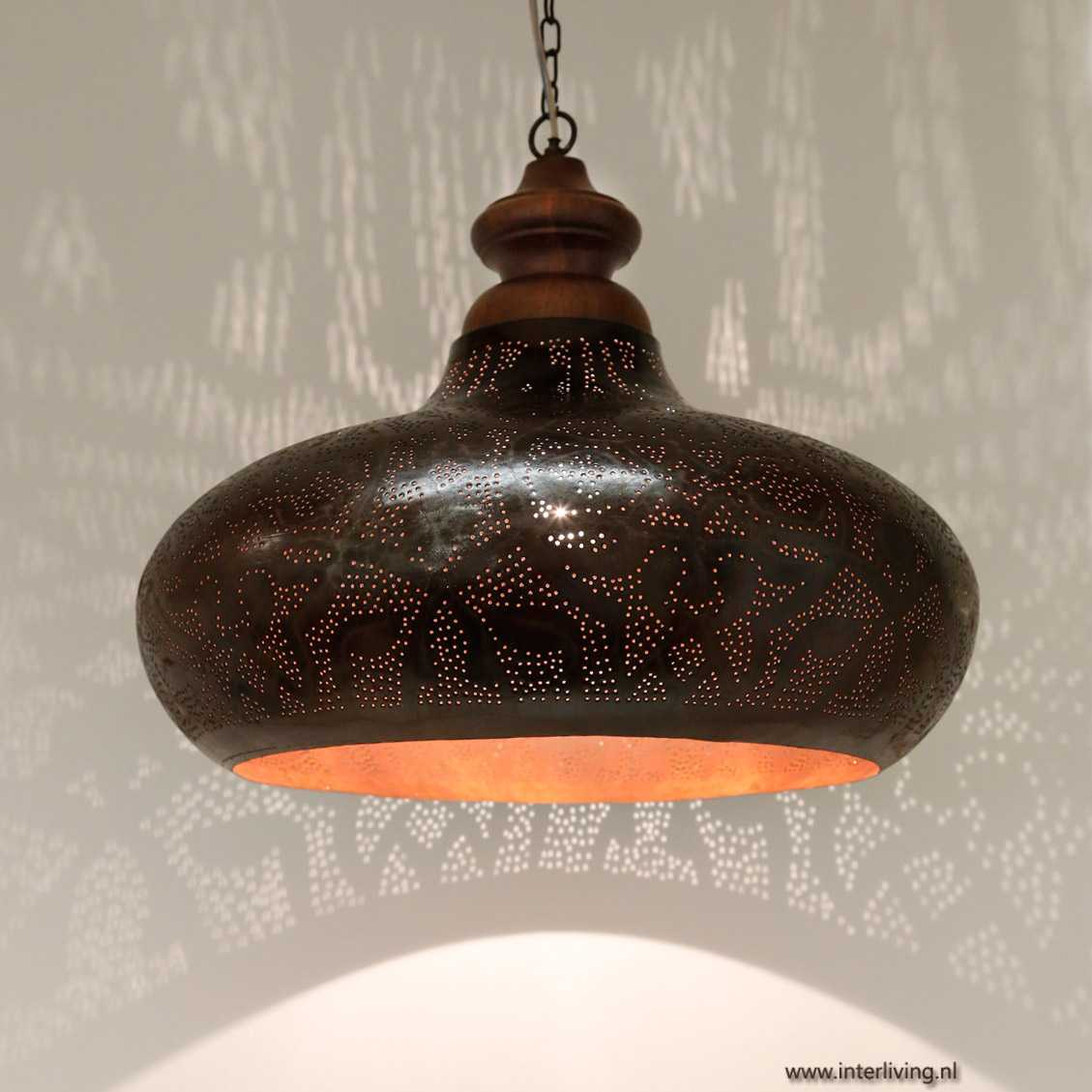 Industriële hanglamp met oosterse twist en hout roest,zwart,goud