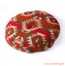 Rond vloer kussens van kelim stof met rood, oranje, beige en groene patronen - handgemaakt