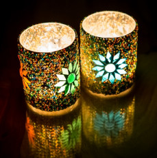 theelicht cilinder kleurrijk glas bloem kralen