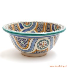 Mexicaanse stijl wasbak voor opbouw van je badkamermeubel. Rond model met gekleurde patronen van aardewerk en hand geschilderd.