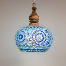 boho hanglamp hout met blauw glas