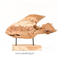 grote vis op standaard van blank hout - Balinees houtsnijwerk van teakhout