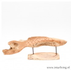 decoratieve houten vis op standaard - oosters houtsnijwerk van teakhout