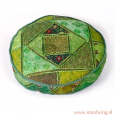 groen rond India kussen- handgemaakt van patchwork sari stof