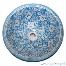 Ibiza blauwe waskom voor je sanitair. Rond model wasbak van keramiek met kleurrijke Marokkaanse patronen beschilderd