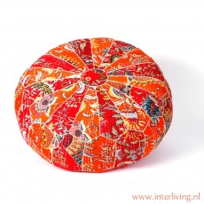 ronde oranje ottoman poef met quadrille patchwork handgemaakte woonaccessoires