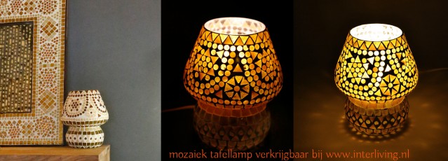 Sfeervol tafellampje paddenstoel van goud gekleurd glas mozaiek