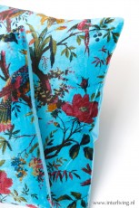 Bohemian fluweel zacht kussen - Birds in Paradise print met botanische floral bloemen van velours / velvet