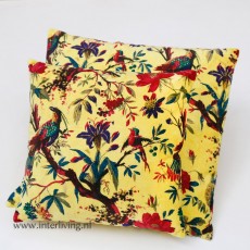 groot geel kussen - Birds in Paradise print met botanische floral bloemen van velours / velvet