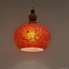 hanglamp retro rode bol glas met hout afgewerkt glas