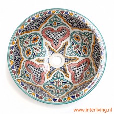 vintage-wasbak-Ibiza-stijl-rond-waskom-wit-tegel-patronen-aardewerk-handgemaakt-geschilderde-patronen-meditteraanse-stijl
