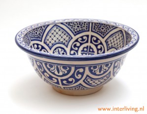 Wasbak mooi als opbouw in blauw met wit, rond model - Marrokkaanse waskom met tegel patronen van aardewerk - handgemaakt