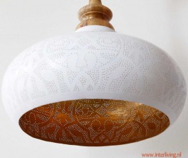 stoere hanglamp rond wit goud hout