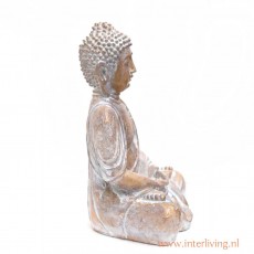 Thai-buddha-beeld-zittend-wit-goud-steen-hout-look-polystone-vintage-stijl