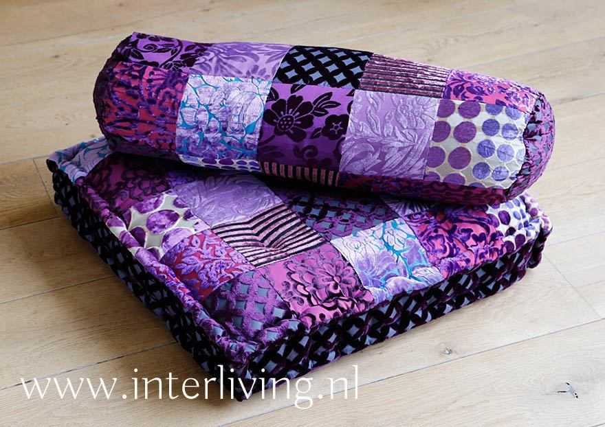 paars tinten - fluweel patchwork uit India - handgemaakt beddensprei