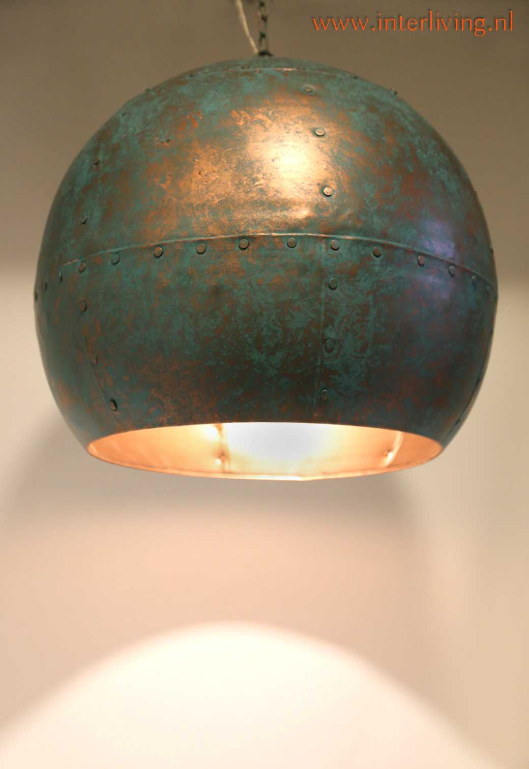 Popnagel Hanglamp In Vintage Aqua Blauw Metaal Met Goud