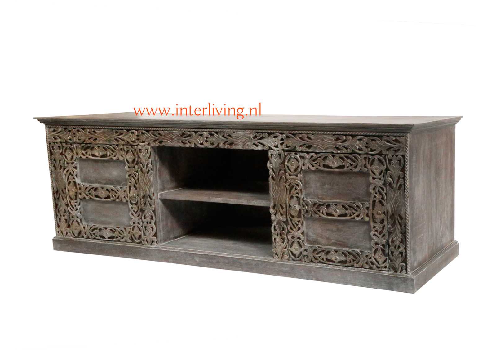 donker mangohout grey washed tv kast - tvdressior of tvmeubel uit India - handgemaakt met houtsnijwerk