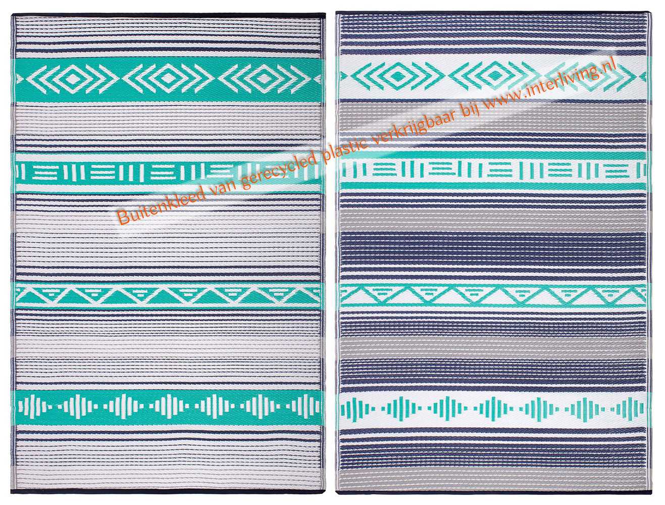 Ibiza bohemian buitenkleed - gerecycled plastic met zwart witte streepjes en geometrische patronen - groen blauw en turquoise kleuren