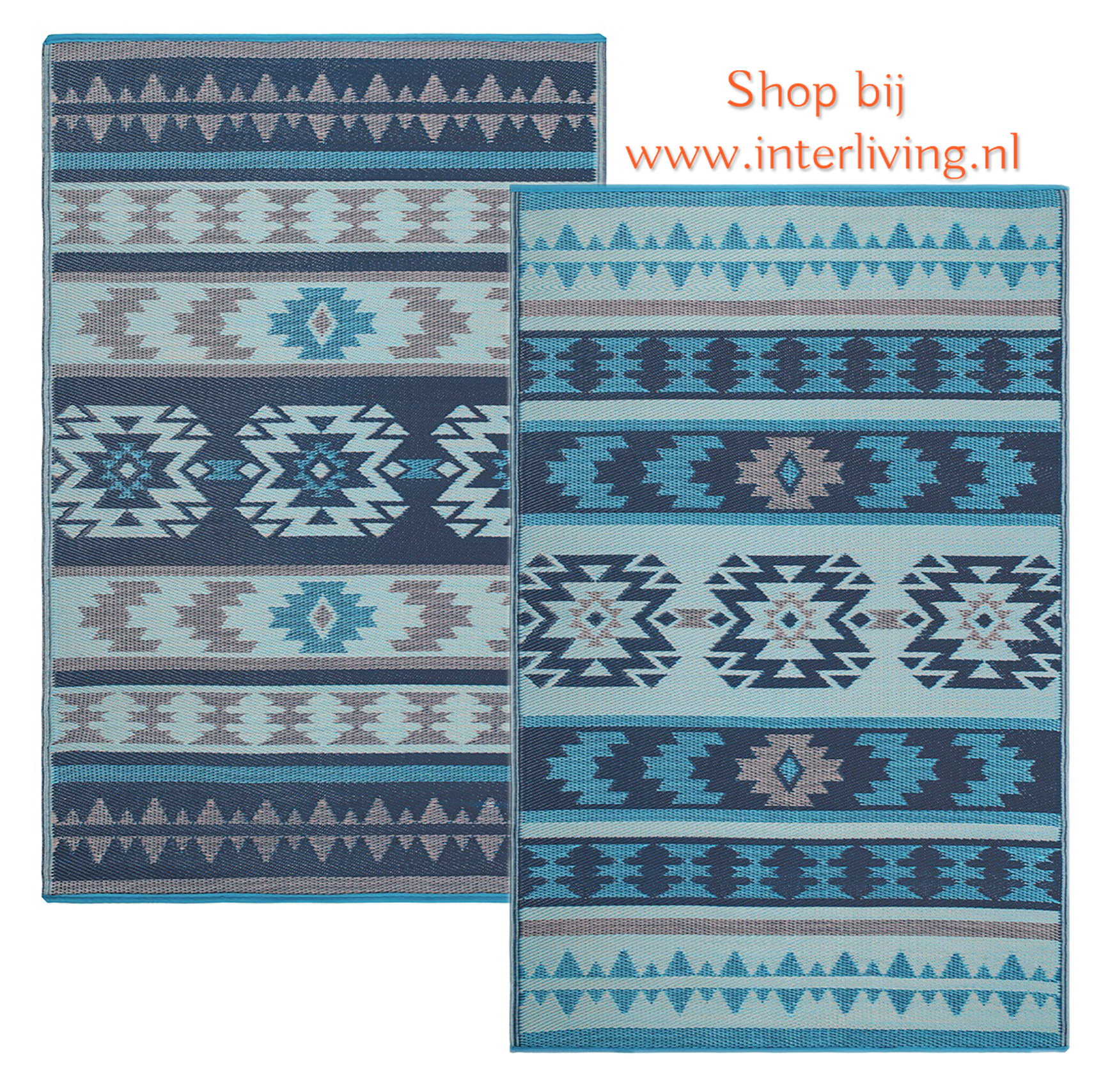 duurzaam inca vloerkleed - gerecycled plastic met aztec navajo patronen - multi blauw kleuren