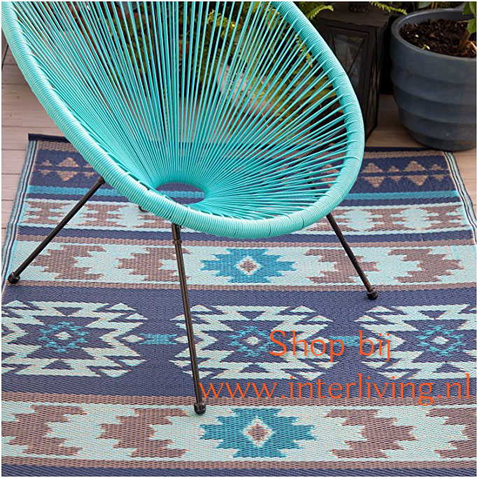 bijtend Beneden afronden premier Inca design buitentapijt in blauw tinten en ethnic patronen