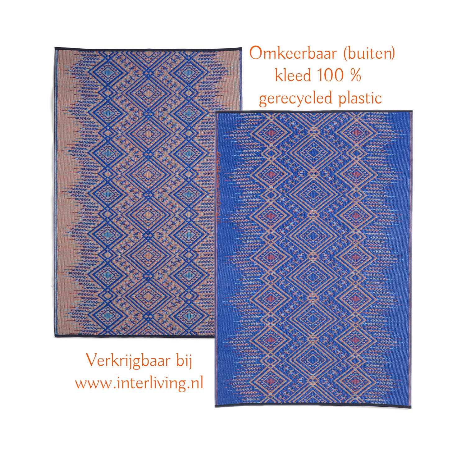 Scandinavisch buitenkleed - gerecycled plastic met geometrische patronen - blauw en beige kleuren