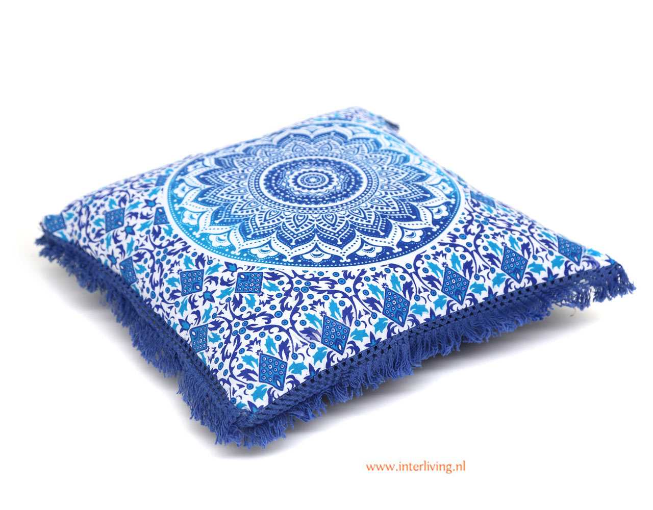 kussen--katoen-mandala--blauw-wit-print-vierkant-franje-rand