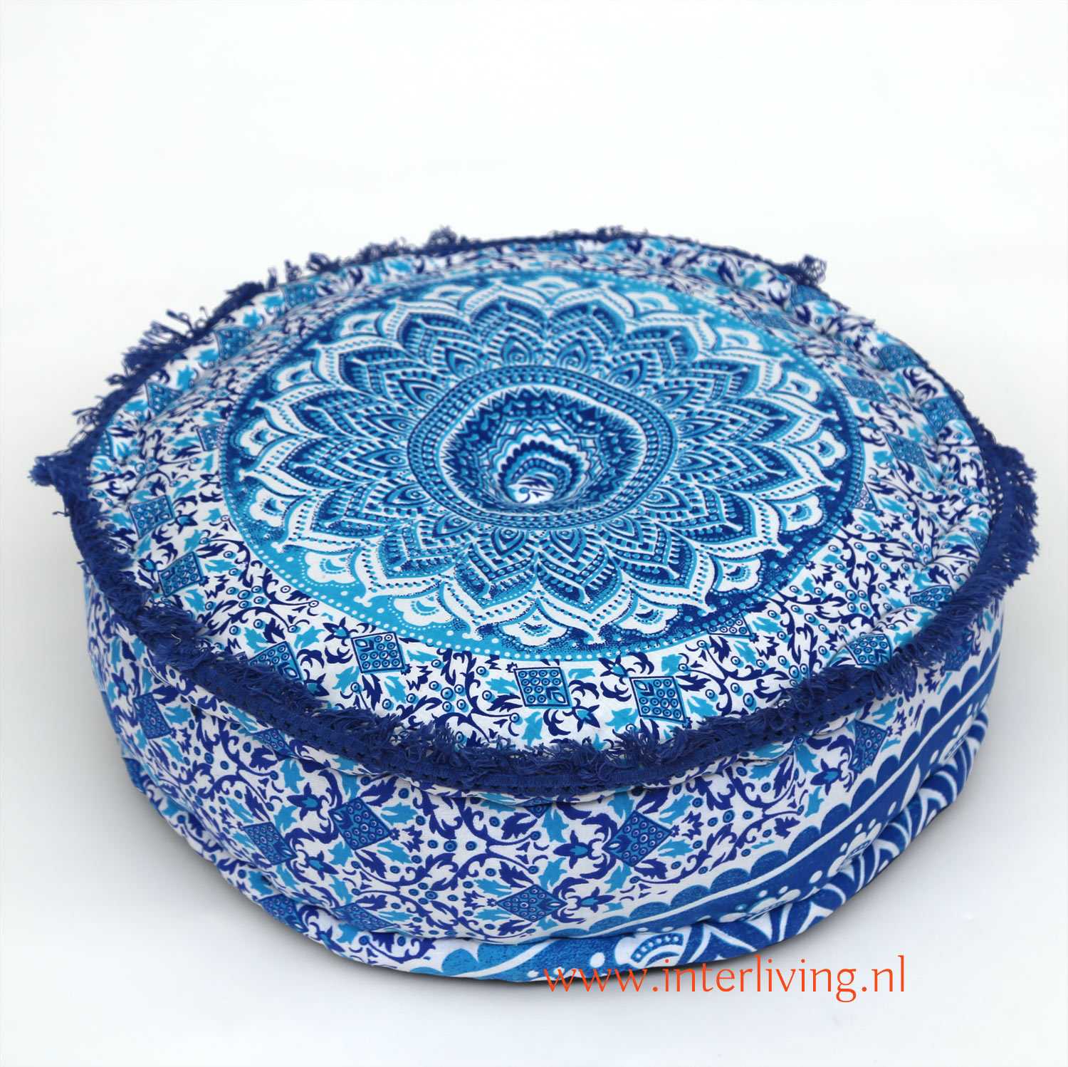 oosterse-boho-poef-rond-mandala-blauw-aqua-wit-rond-franje-rand