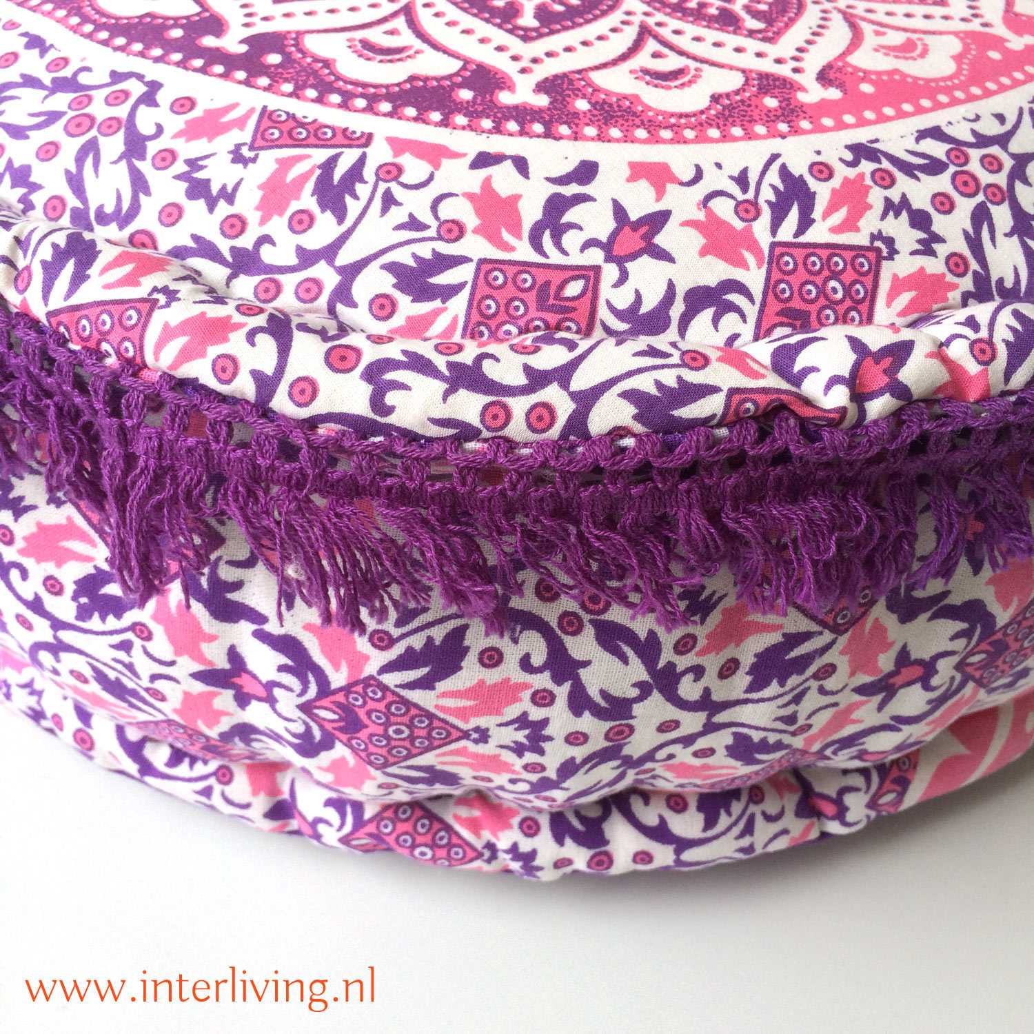 oosterse-boho-poef-rond-mandala-paars-roze-wit-rond-franje-rand