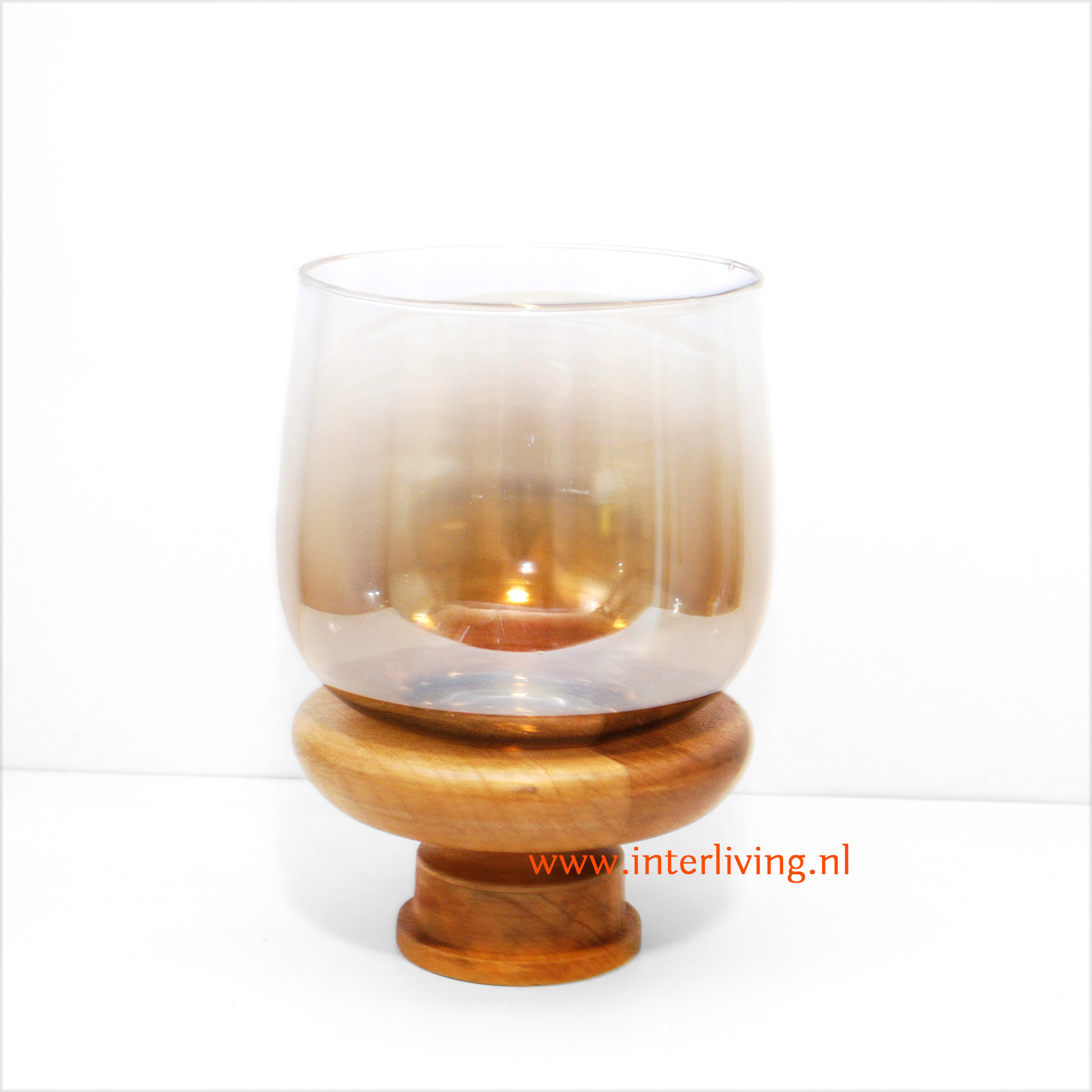 windlicht mangohout met parelmoer glas houder