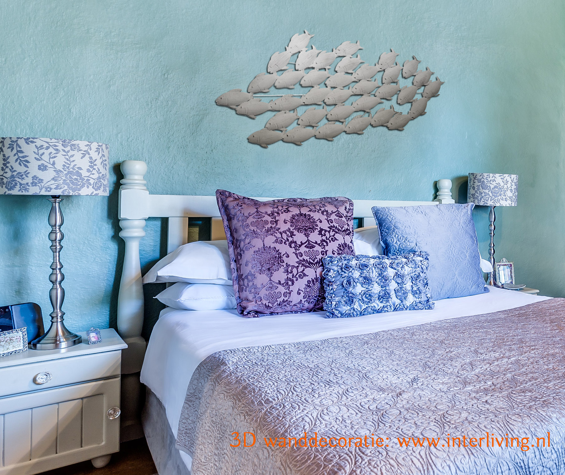 Slaapkamer muurdecoratie 3D - sfeervolle styling van metaal - groep of school vissen in grijs tinten