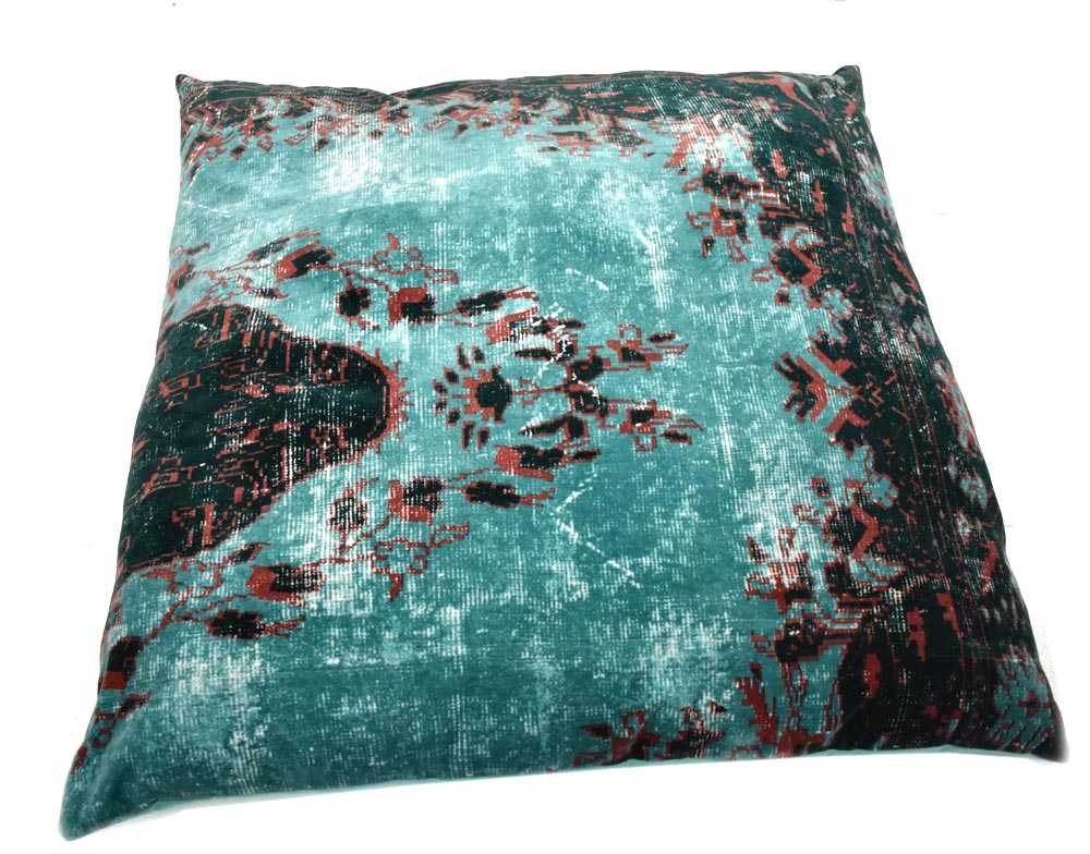 Groot vintage Indiaas kussen 100 100 cm - Aqua Velvet - turqoise