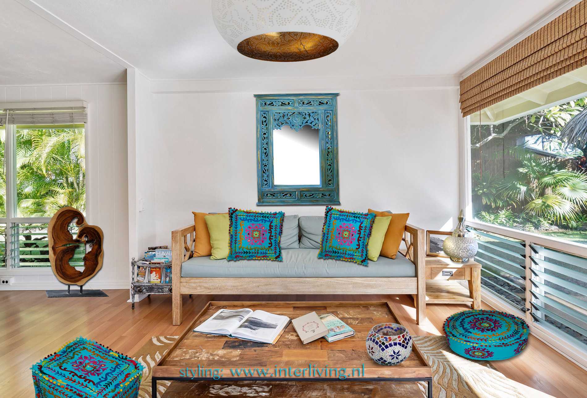 Ibiza huis styling - aqua licht blauw kussens woonaccessoires - tips - interieur idee