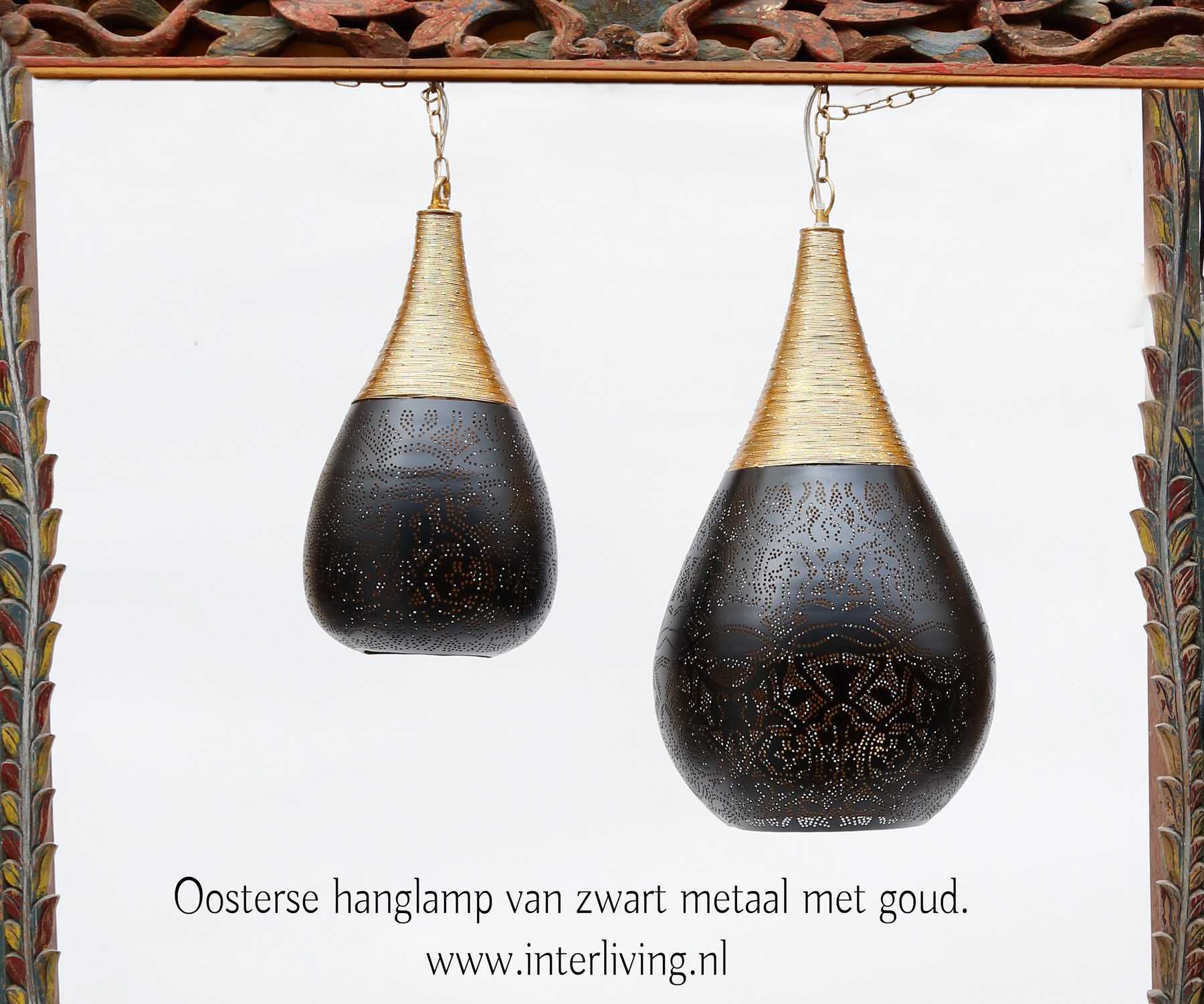 Zwarte gouden hanglamp met geperforeerde gaatjespatronen - 1001nacht oosterse filigrain lamp