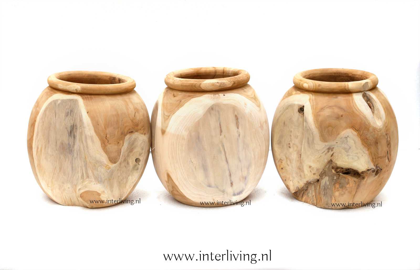 Pot in Bali style van teakhout beige naturel tinten voor styling en decoratie siervaas droogbloemen opbergpot. - Interliving shop