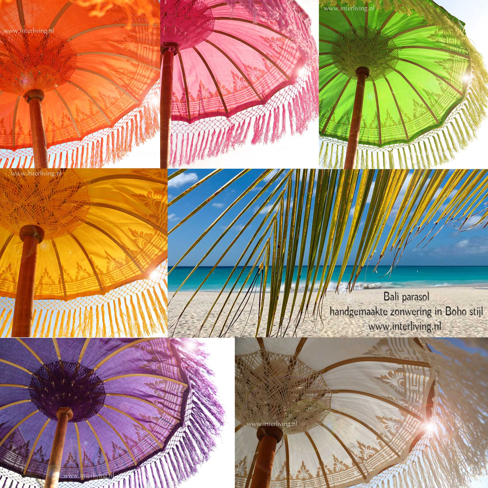 Parasol Bali met goud verf, versierde rand met fringed kwastjes