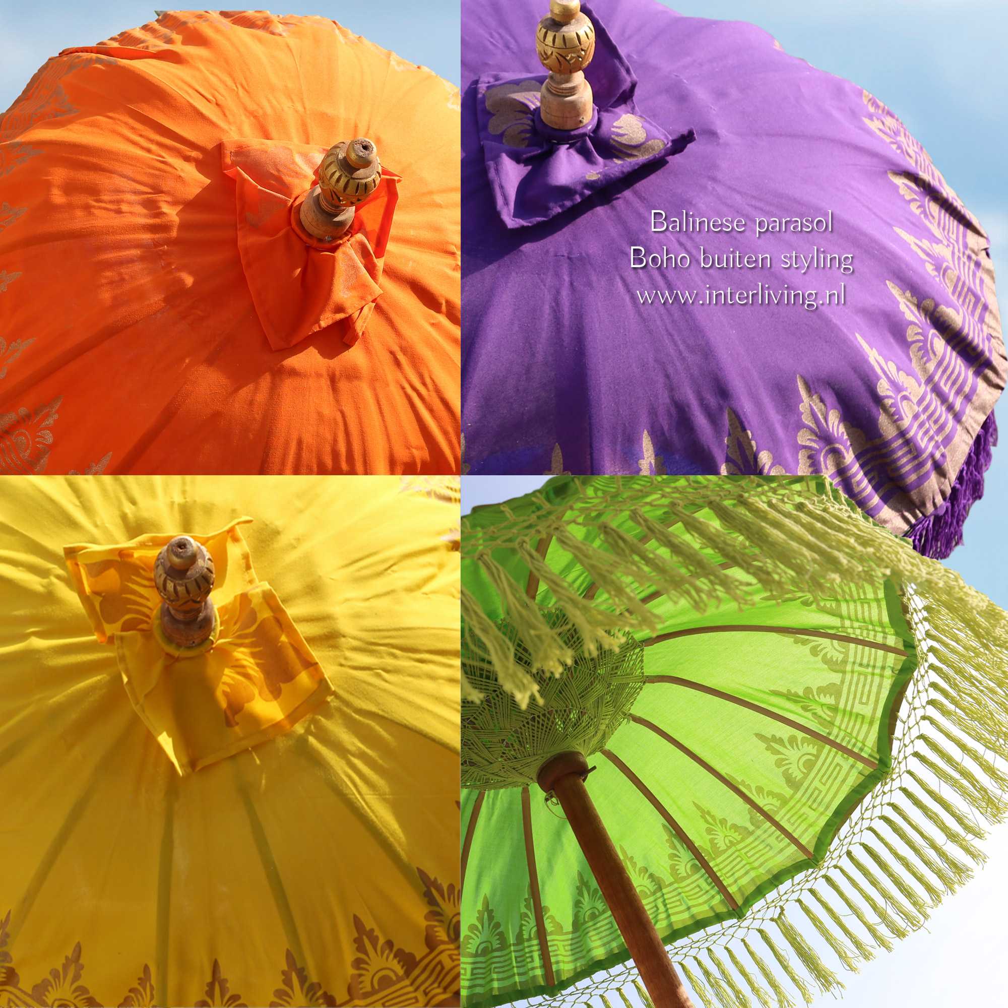 Balinese handgemaakte parasol met houten stok en kleurrijke ronde hoed - versierde rand rondom met kwastjes, hangers, hartjes en fringed fransjes