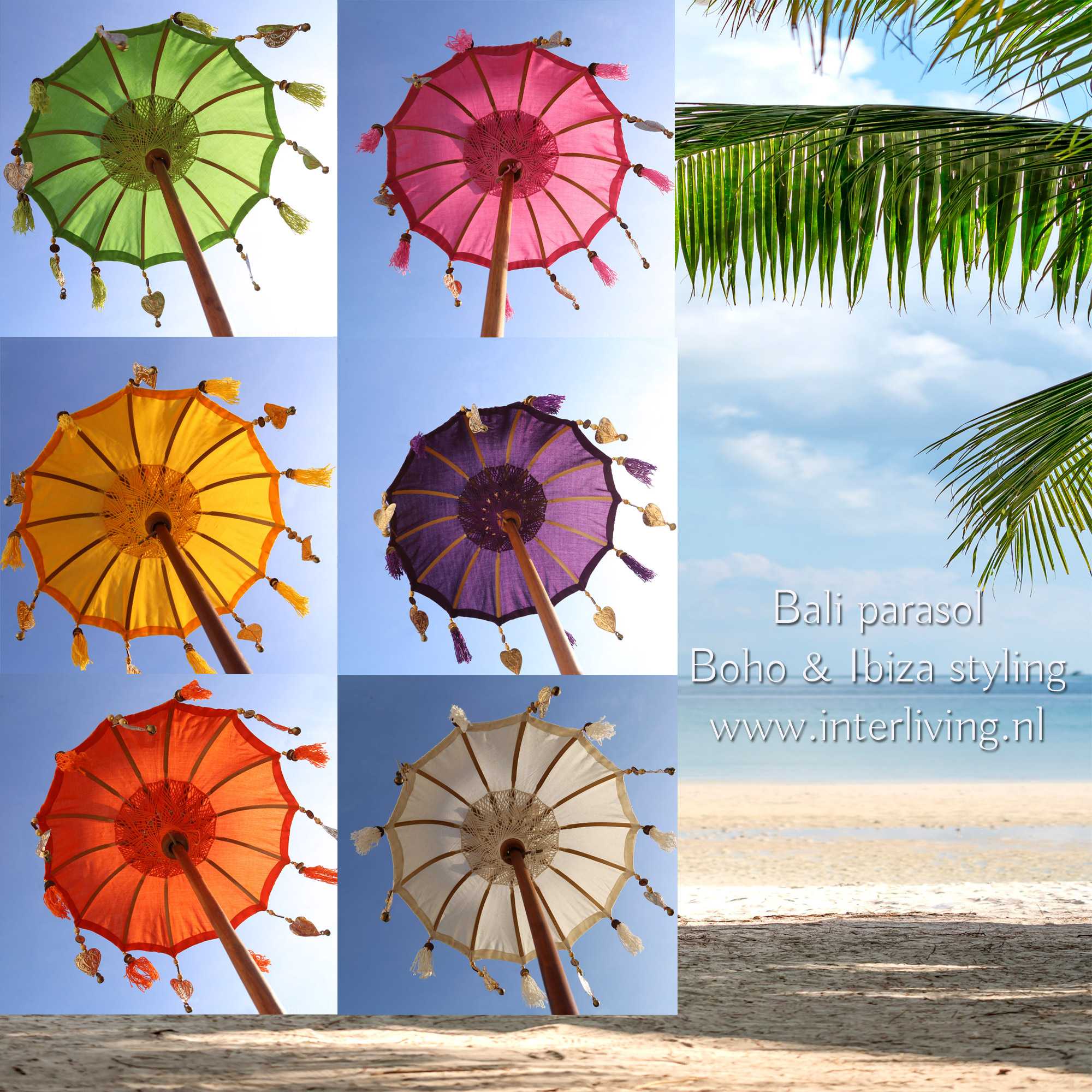 Parasol Bali met goud verf, versierde rand met fringed kwastjes