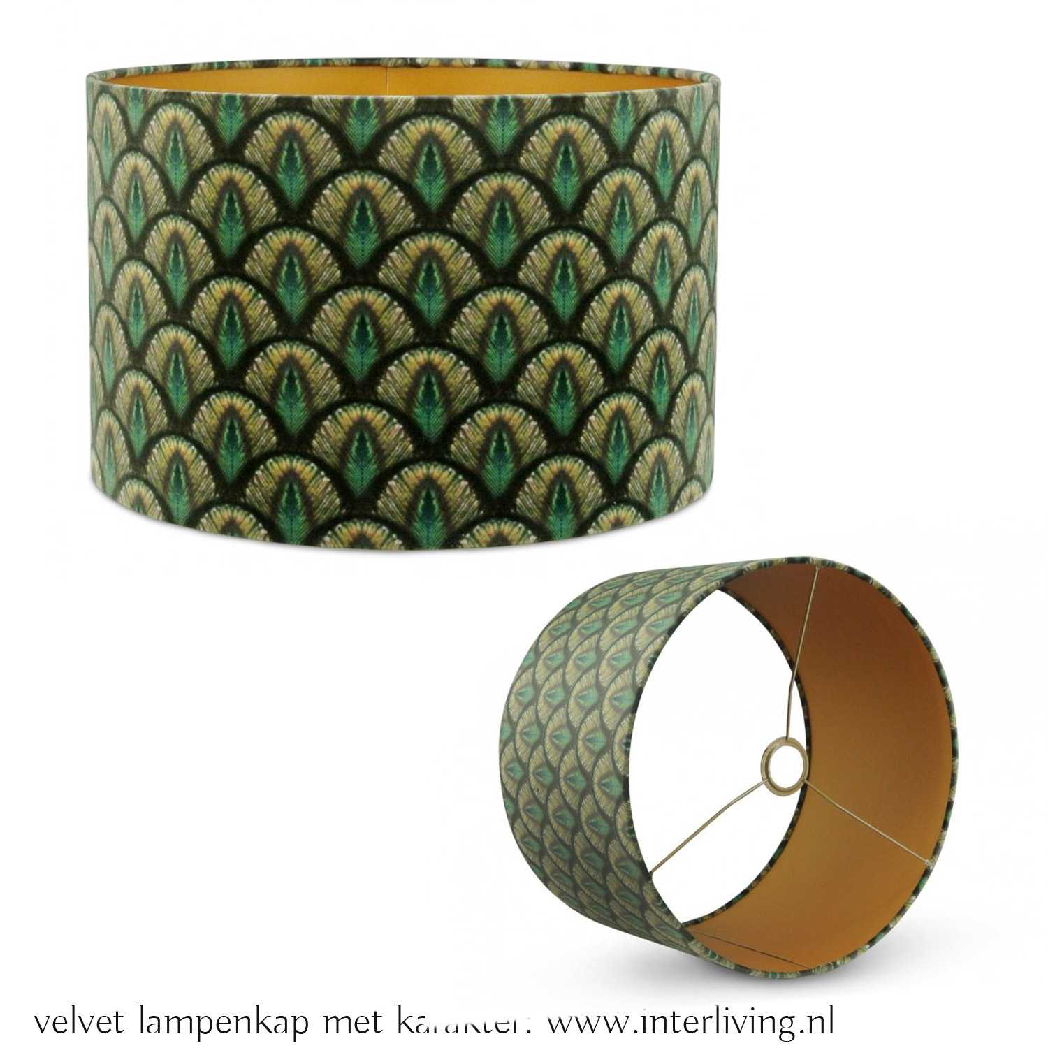 hotel chic interieur stijl lampenkap goudenbinnenkant - velvet kap met chique pauwoog patroon