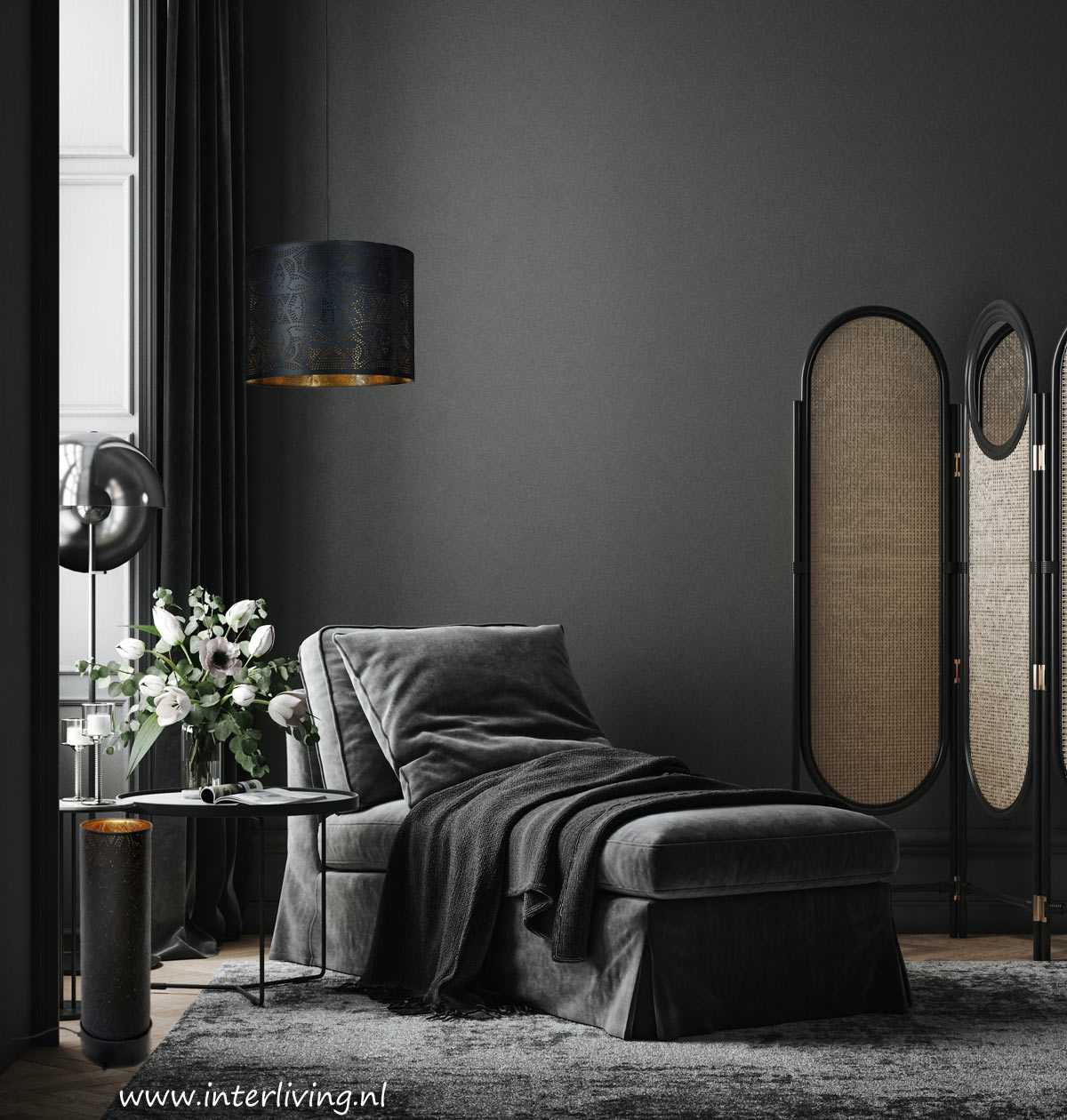 donker interieur met zwart grijs goud luxe styling