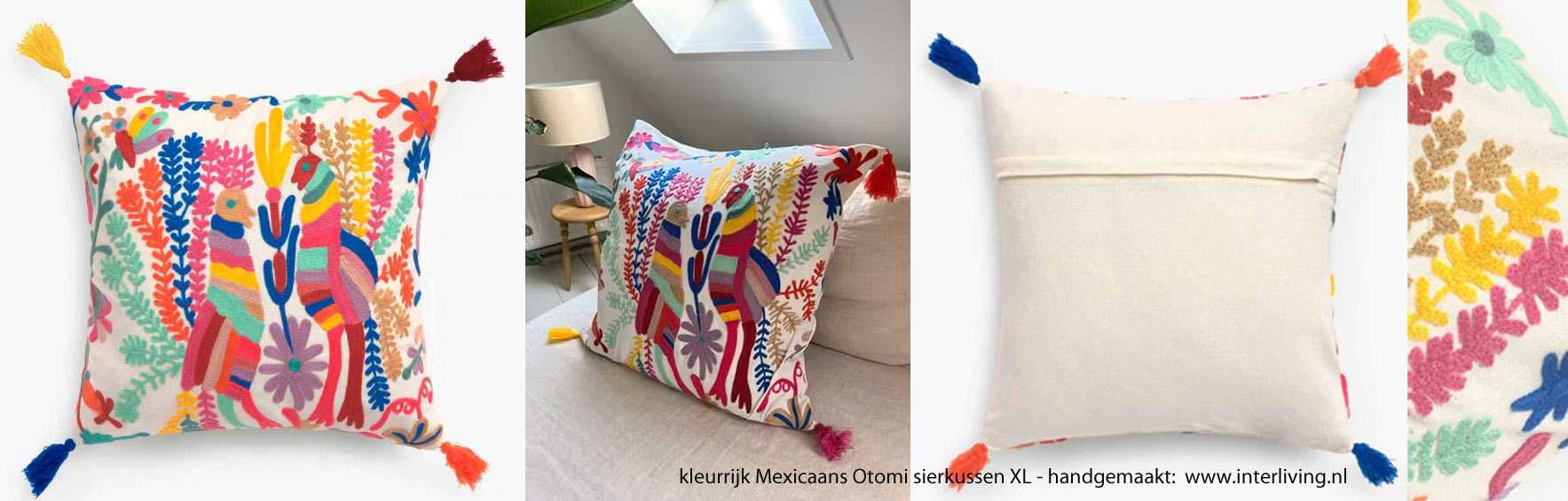 wit wonen met kleur - Mexicaans Otomi sierkussen 60 cm