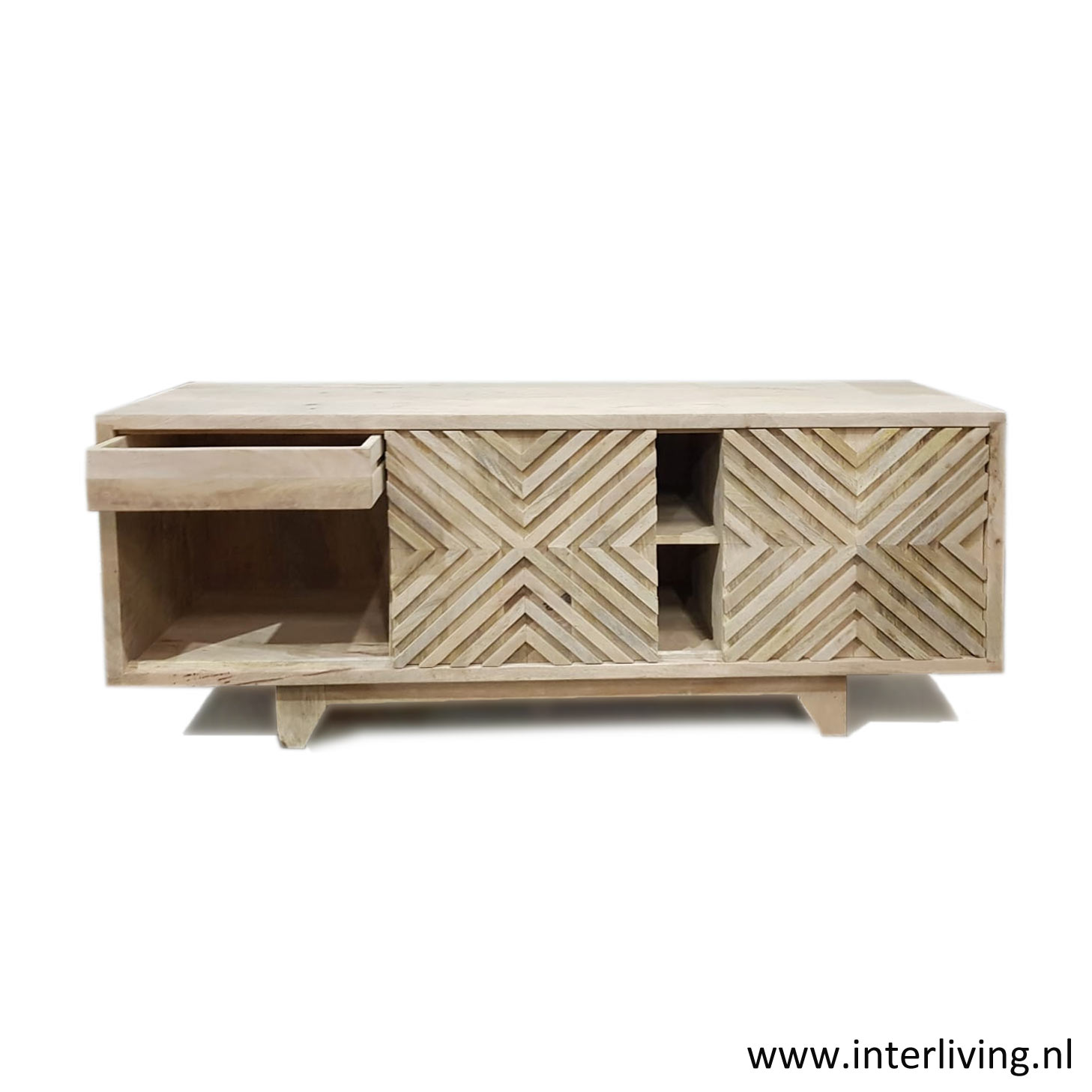 dressoir tv van naturel mango hout - beige wit wonen met deuren