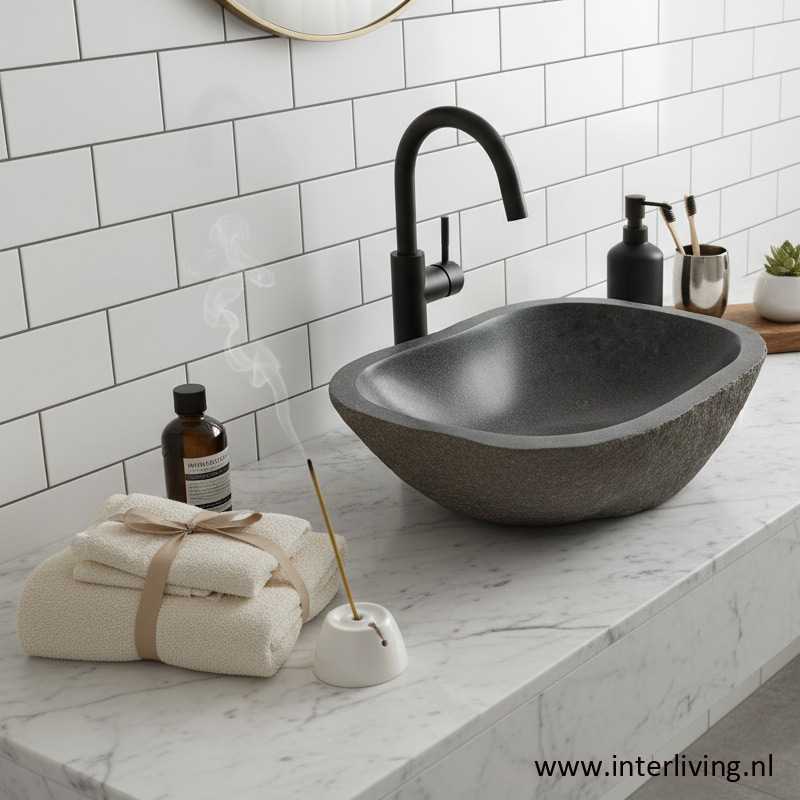 grijze stenen opbouw waskom wc sanitair badkamer