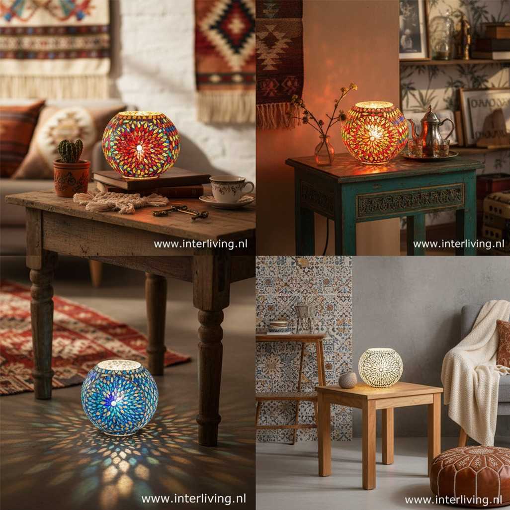 Sfeervolle tafellamp rond model waar speels licht reflecteert