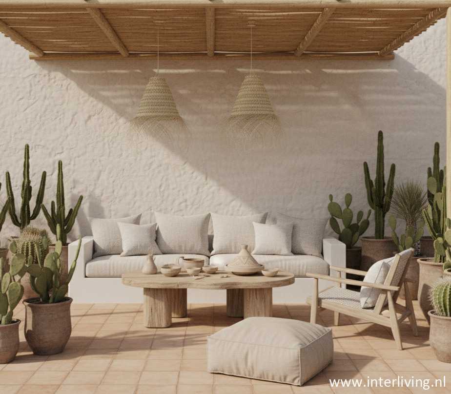 Boho stro Ibiza zeegras veranda overkapping idee interieurstyling tips