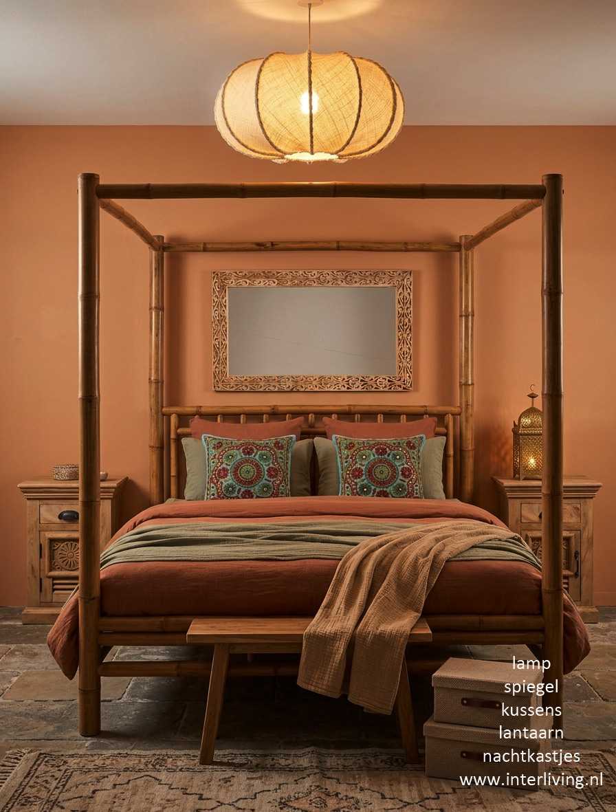 slaapkamer Boho Ibiza Bali Japandi hanglamp interieur styling