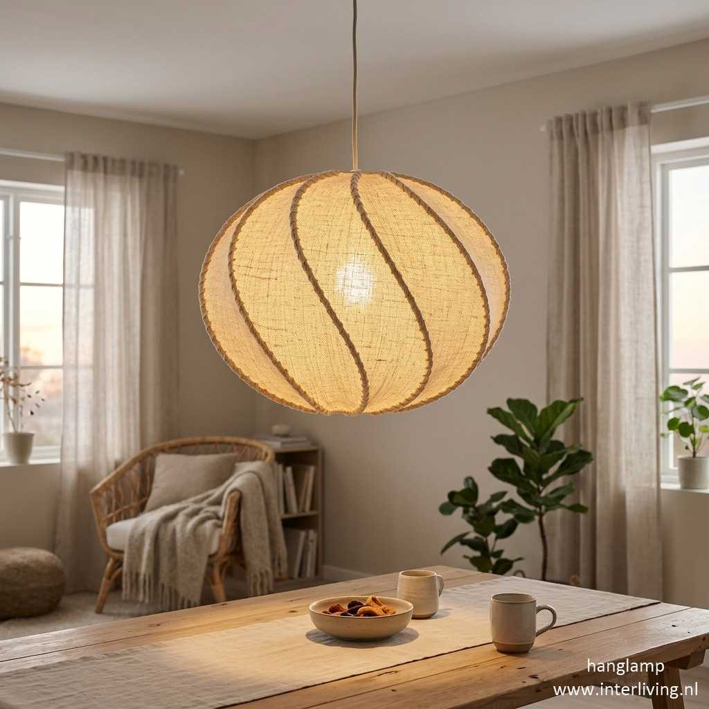 ronde Japandi jute ribben hanglamp styling