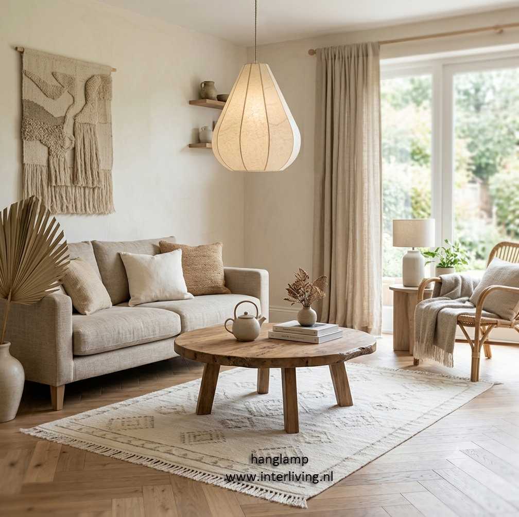 japandi hanglamp living woonkamer - beige wit creme tinten
