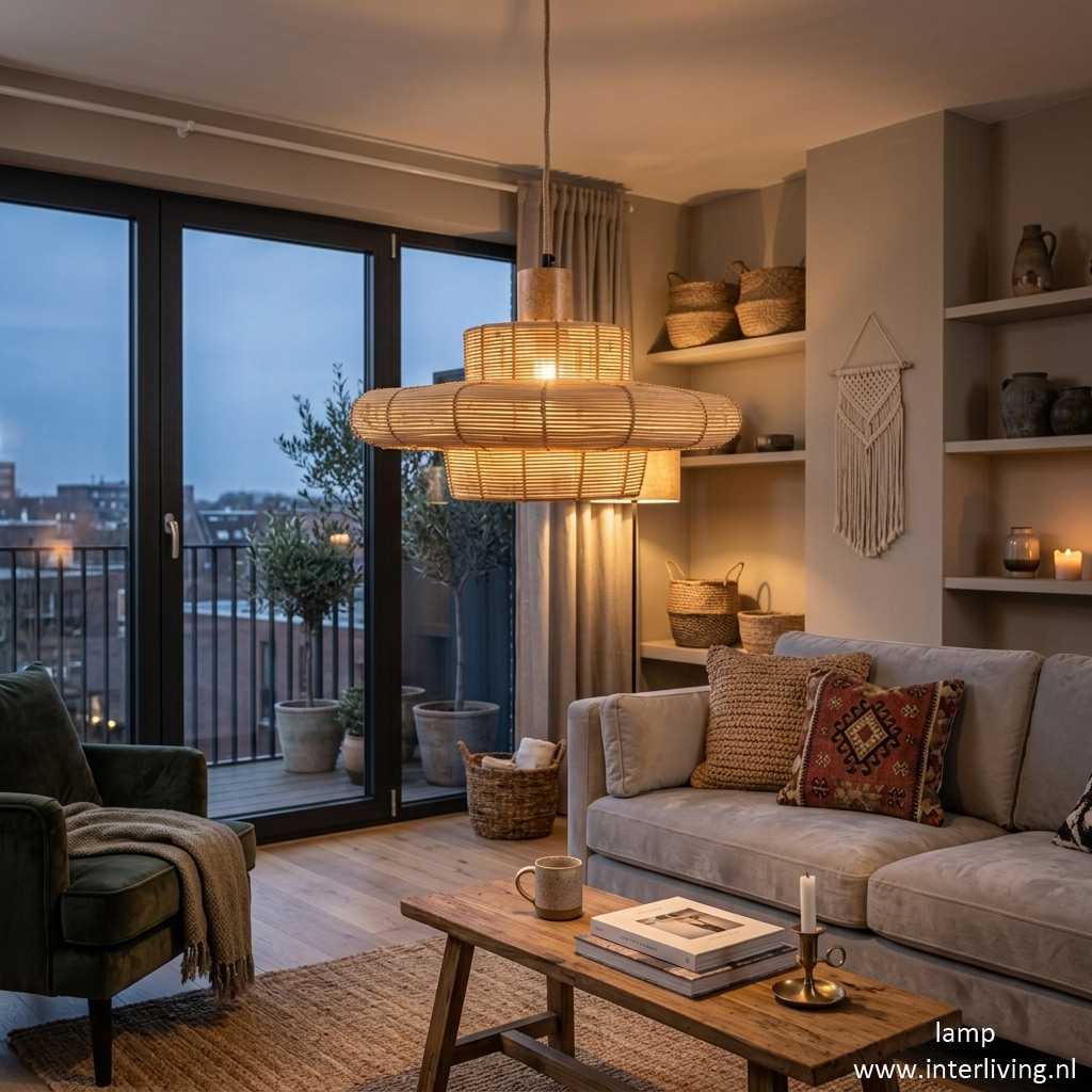 woonkamer retro Deens gelaagde hanglamp interieur inspiratie mid-century styling